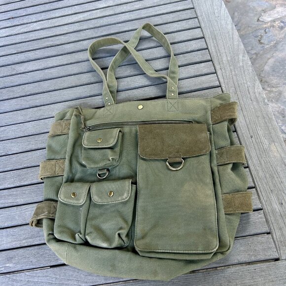 Levenger Army Green Canvas Suede Leather Tote Shoulder Laptop Bag - Picture 10 of 10